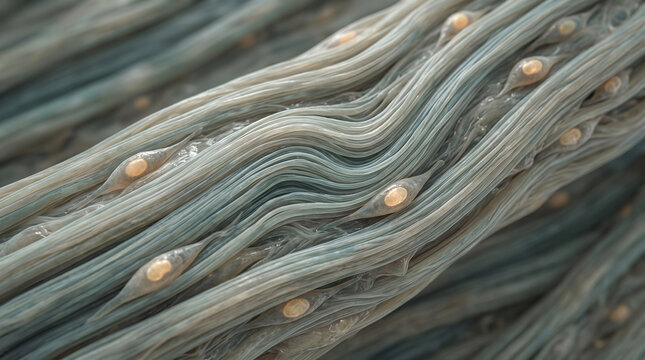 Collagen fiber bundles with fibroblast cells, connective tissue microscopic structure