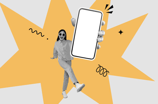 A woman stands joyfully with a smartphone in hand. She wears sunglasses and has a cheerful expression. The collage background features bright shapes and colors that enhance the feeling of fun.