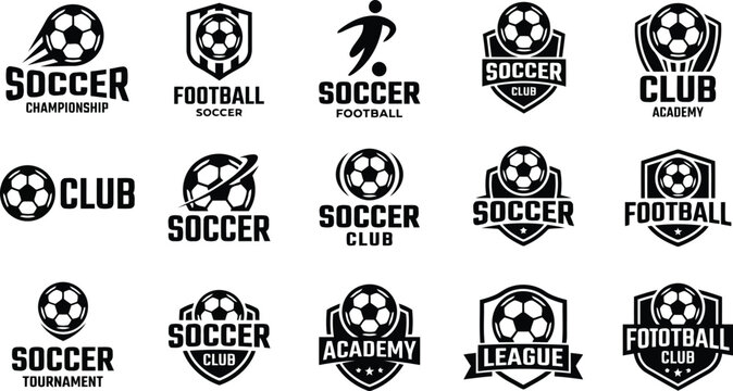 Soccer football club logos collection with emblems badges tournament seals, set provides diverse design options, football