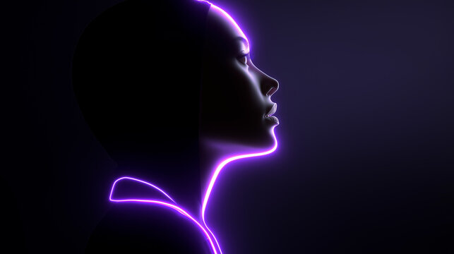Neon illuminated female profile silhouette on dark background representing identity and futuristic concept
