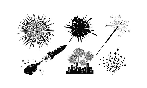 Festive pyrotechnic bursts and rocket display vector silhouette illustration line art set.