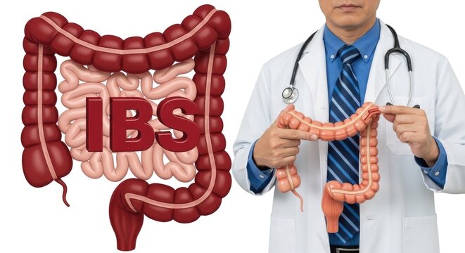 A medical doctor explaining Irritable Bowel Syndrome using an anatomical model of the human digestive system, emphasizing intestinal health and bowel disorder understanding