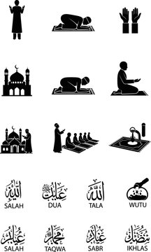 Islamic icons vector set featuring muslim prayer rituals including namaz positions mosque buildings wudu ablution water symbols and traditional arabic calligraphy words isolated on a white background 