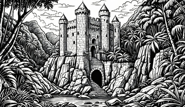 Black and white coloring book page, A stone castle vibrating with energy in a shadowed jungle ravine,  