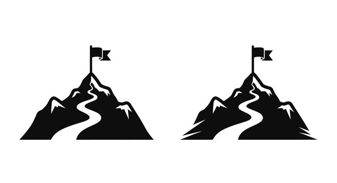 Two mountain peaks with flags a striking black and white silhouette