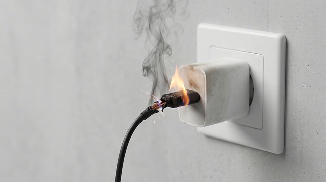 Burning electrical wire connected to wall socket. Damaged charger cable with sparks and smoke. Concept of electrical short circuit, fire hazard, home safety and faulty power supply equipment.