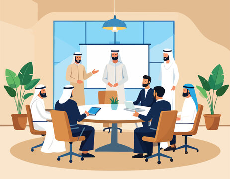 Group of Arab Businessmen Having a Professional Meeting in a Modern Office Environment.