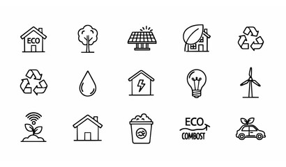 Fototapeta premium Eco life house line icon set with tree recycling solar energy and sustainable home symbols vector