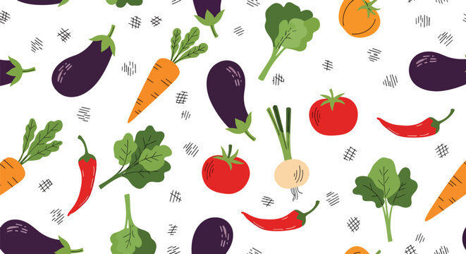 Flat style vector illustration of seamless vegetable pattern featuring eggplant, tomato, carrot, chili, and leafy greens repeated across clean background for textile design