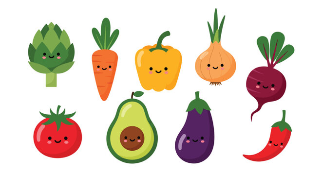 Flat style vector illustration of cute vegetable characters with smiling faces including avocado, tomato, carrot, onion, eggplant, and pepper in playful kawaii style