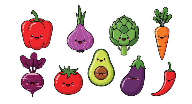 Flat style vector illustration of cute vegetable characters with smiling faces including avocado, tomato, carrot, onion, eggplant, and pepper in playful kawaii style