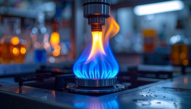 Bright blue and orange flame erupts from a metallic nozzle