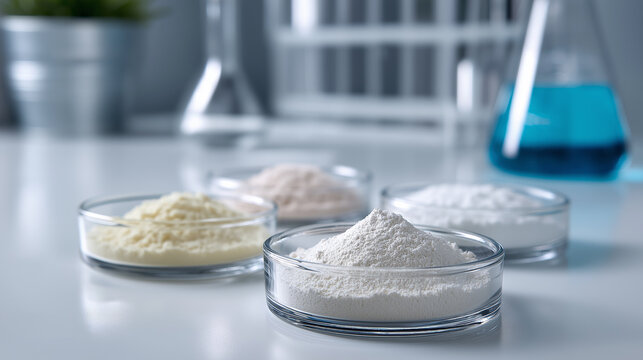 Colorful powdered substances in laboratory glassware representing scientific research, chemistry and material analysis.