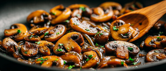 Fototapeta premium Sautéed mushrooms with herbs in a frying pan on a dark background 