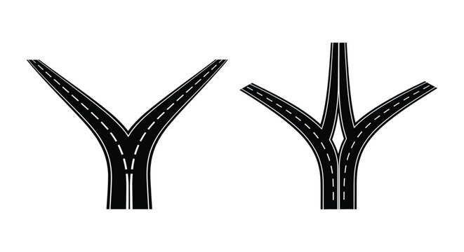 Road junction graphic showcasing diverging and converging pathways silhouette