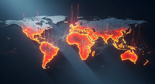 A 3d vector illustration of a burning earth on fire featuring a global world map with continents like Europe, Asia, and America highlighting a planet in crisis for a geography atlas