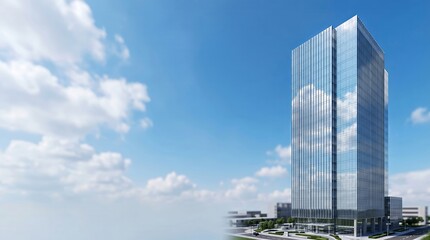 Fototapeta premium Skyscraper building reflecting blue sky. Modern office tower exterior with glass facade. Architecture of corporate financial center. Urban city landscape development and real estate concept.