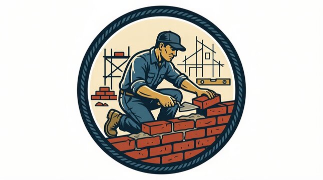 Mason laying brick wall. Professional bricklayer with trowel building house. Construction worker working on site. Emblem design for building service business and industrial manual labor.