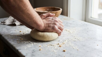 Fototapeta premium Kneading Dough for Focaccia Bread on a Marble Surface in a Cozy Kitchen Setting