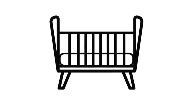 Simple black line drawing of a baby crib minimalist silhouette