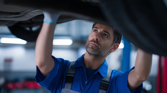 Mechanic inspecting car underside in auto repair shop representing maintenance and automotive service concept.