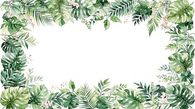 Watercolor frame with tropical palm leaf and exotic flower. Botanical border with green foliage on white background. Invitation card design for wedding, summer party and greeting card.