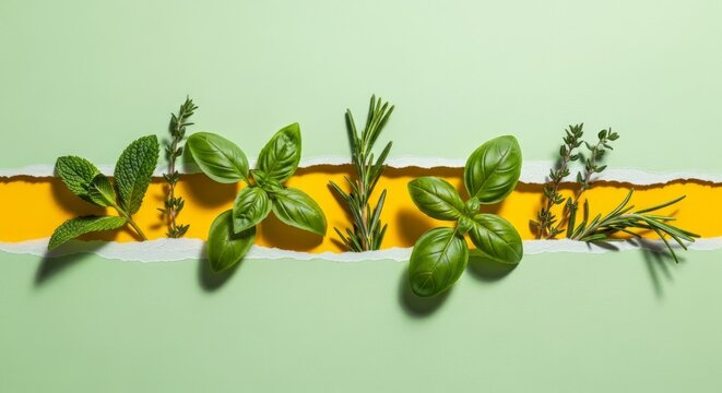 Fresh herbs row on torn green paper with yellow underlay for horizontal banner background and culinary design use