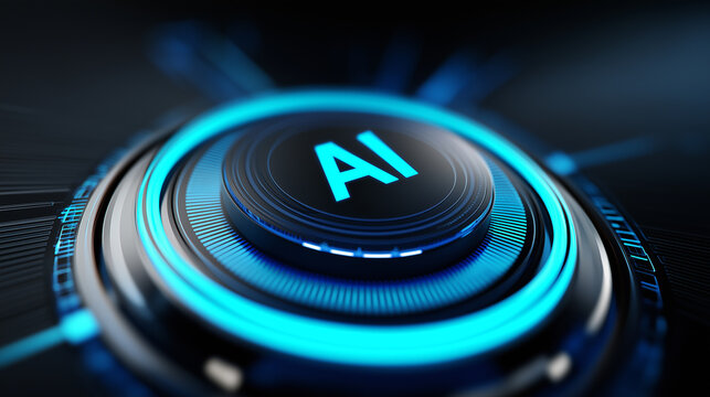 Futuristic glowing AI interface button with blue neon light and advanced technology concept