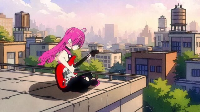 Anime girl with pink hair playing electric guitar on city rooftop at sunset