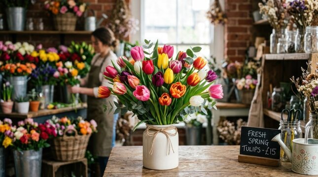 A florist arranges a vibrant bouquet of tulips in a shop. A woman, likely a florist, is working behind the counter, surrounded by an abundance of fresh flowers and greenery.