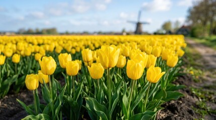 Obraz premium A vibrant field of yellow tulips stretches out towards a distant windmill under a bright blue sky. The foreground is filled with closely packed tulips, their petals glowing in the sunlight.