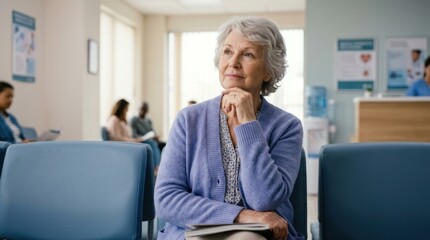 Fototapeta premium An elderly woman sits in a hospital waiting room, thoughtfully gazing into the distance. She wears a light purple cardigan over a white blouse and holds a folder in her lap.