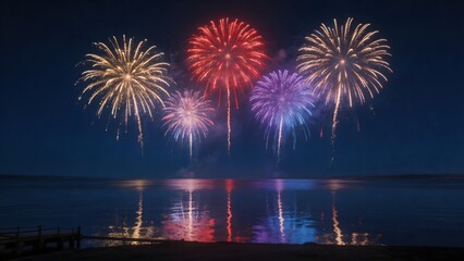 Fototapeta premium Colorful fireworks over water at night