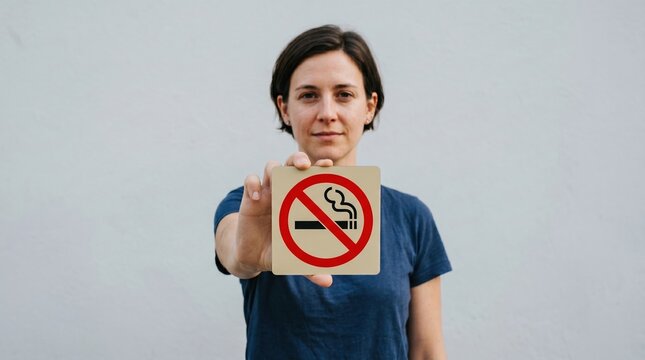 Woman holding a 'no smoking' sign in front of a plain grey background with prohibition cigarette abstinence awareness
