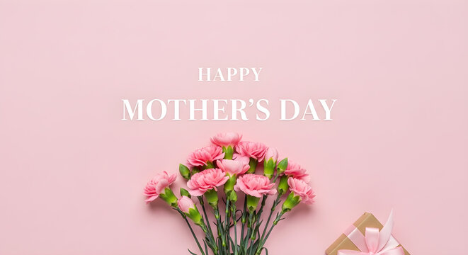 Happy Mother's Day celebration, a beautiful pink carnation bouquet, heartfelt gift for mom, elegant floral greeting card design, festive spring holiday background
