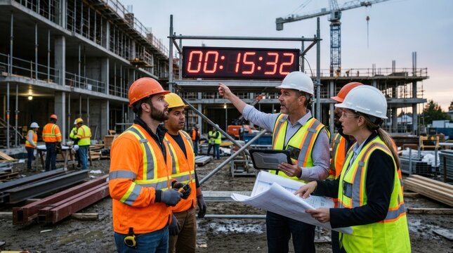 Four construction workers discuss a plan while standing near a large digital clock displaying the time 00:15:32. A construction crane is visible in the background.
