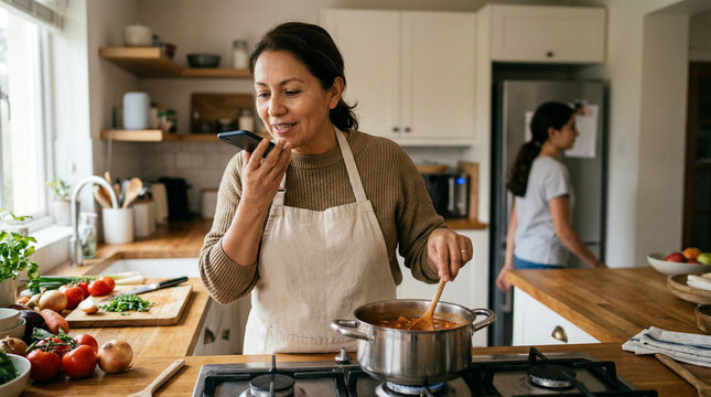 Woman cooking in kitchen using voice assistant smart home technology preparing healthy meal modern lifestyle and connected living concept
