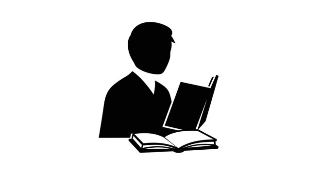 A man reading books in a stark minimalist black silhouette