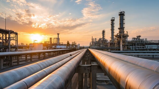 Industrial oil refinery plant at sunset. Pipelines carrying fuel and gas through petrochemical facility in evening. Power, energy production and chemical manufacturing infrastructure concept.