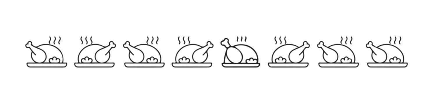 Set of roasted hot chicken whole chicken drumstick flat line icons, black and white minimal simple