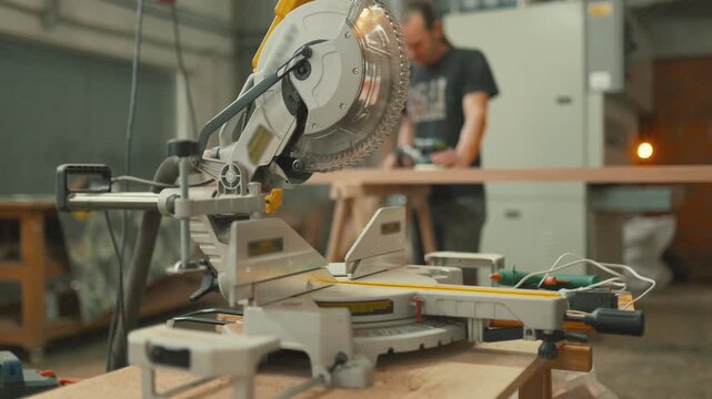Circular miter saw with carpenter working in workshop