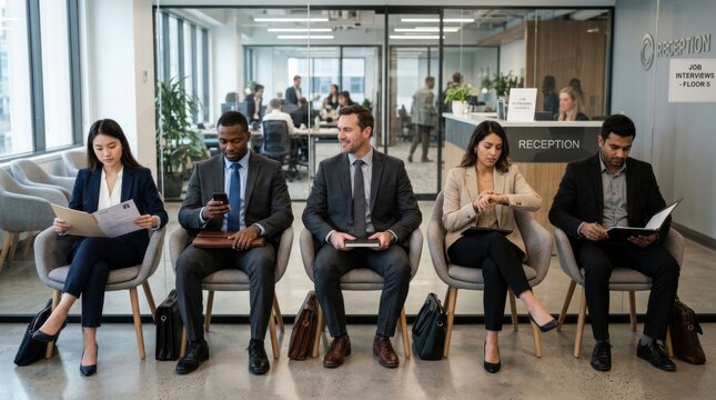 Several business professionals sit in chairs waiting for job interviews. They are in a modern office reception area.