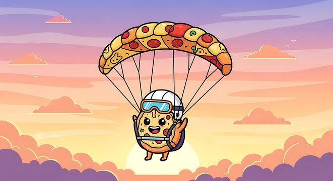Animated pizza slice with a smiling face, wearing a helmet and goggles, parachuting against a sunset sky with fluffy clouds