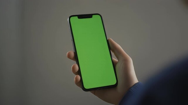 A hand holding a smartphone with a green screen