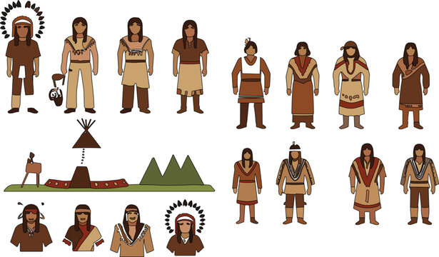 Native American people characters set with traditional clothing tribal culture elements teepee and historical indigenous lifestyle illustration collection