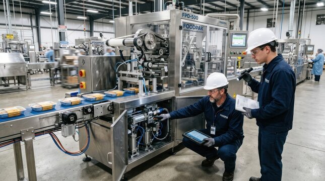 Two factory workers examine a food packaging machine.
