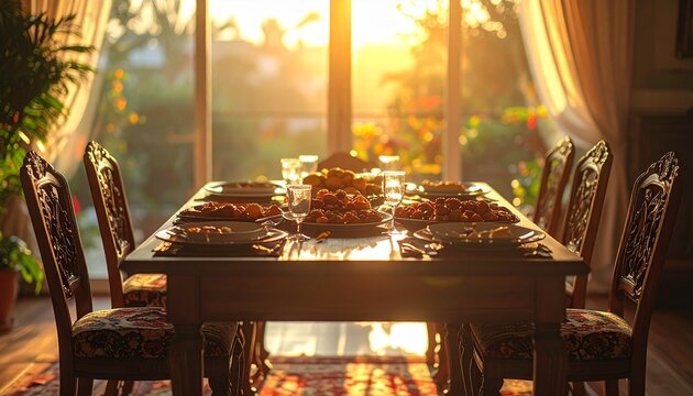 Dining table set for a feast with sunlight streaming through the window