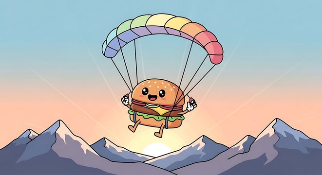 Animated burger with parachute, floating above snowy mountains during a sunset, cartoon style