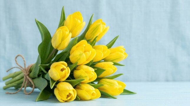 A vibrant bunch of yellow tulips rests on a light blue wooden surface. The tulips are tied together with a rustic twine.