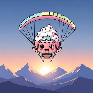 A whimsical illustration depicts a smiling cupcake with a face, wearing goggles, and skydiving with a colorful parachute against a mountain sunset